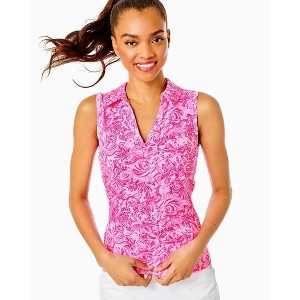 Lilly Pulitzer UPF 50+ Luxletic Imara Polo Top Pink Blossom Foxy Llama